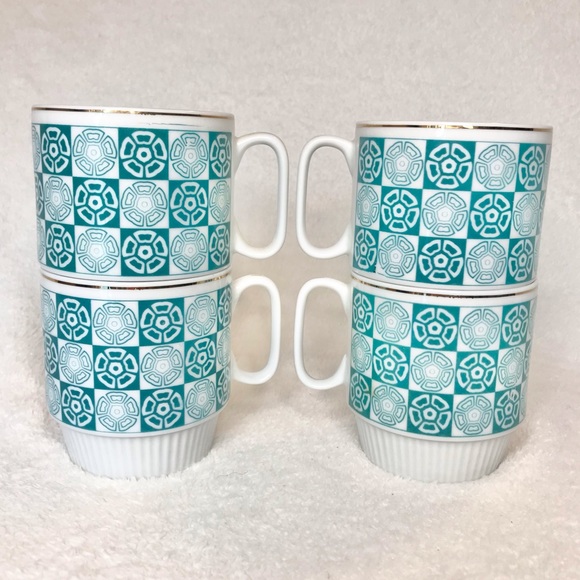 4 Vintage Chinese stackable coffee tea espresso mugs teal blue pattern gold trim - Picture 2 of 7